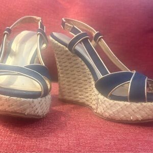 Lilly Pulitzer Navy and Gold Wedge Sandals